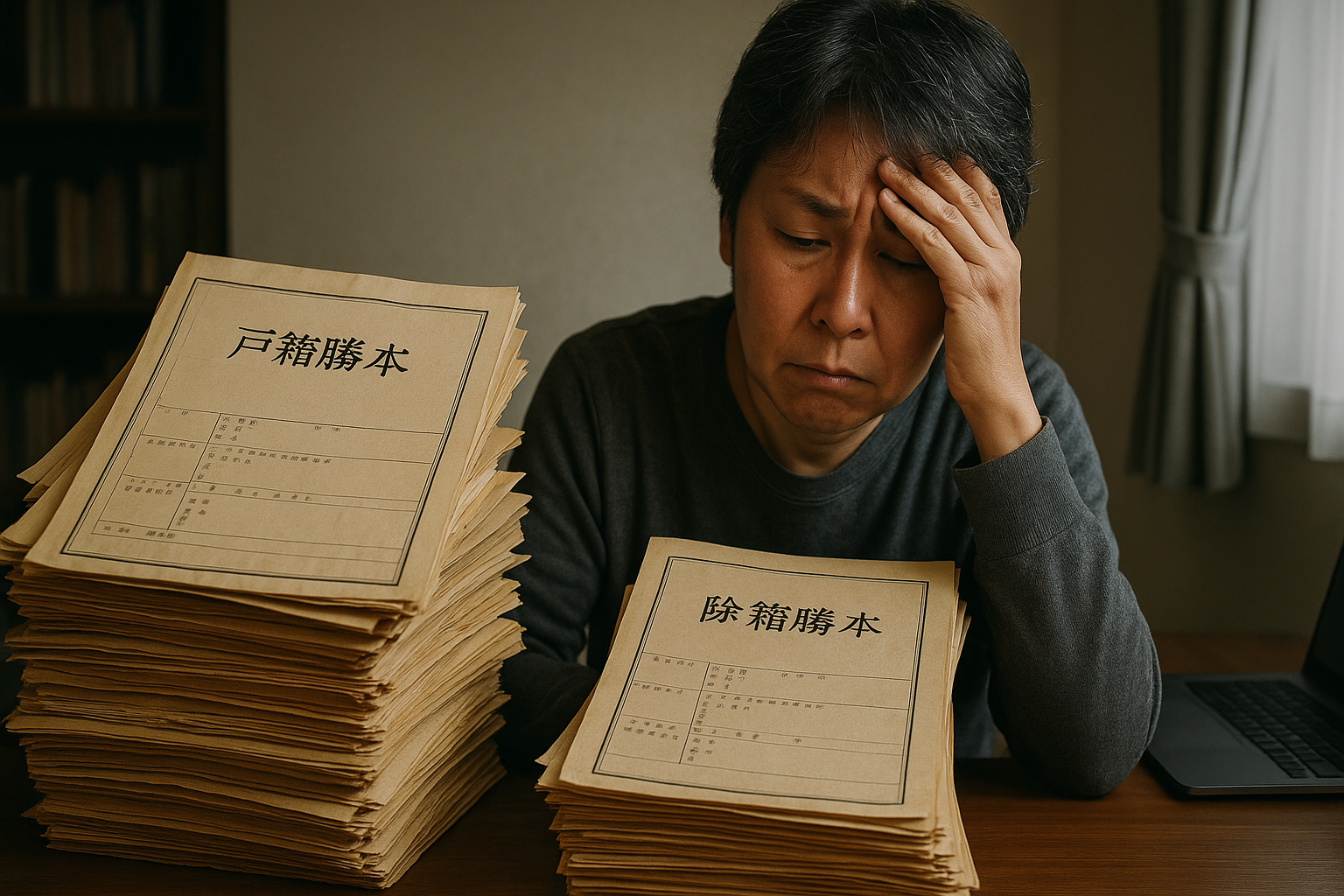 兄弟姉妹が相続人となり、山積みになった戸籍謄本を前に途方に暮れている人。複雑な書類集めの困難さを表している。