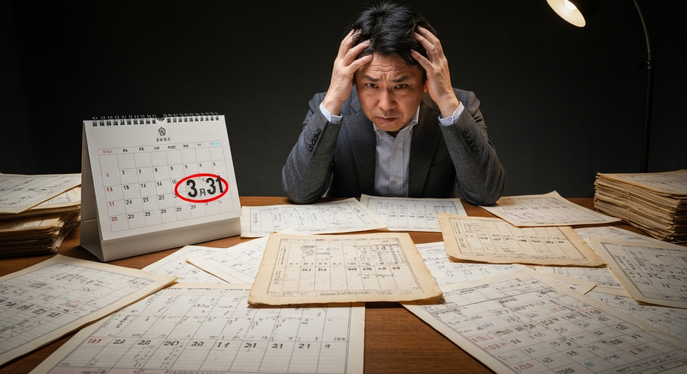 過去の相続登記の期限が迫り、大量の戸籍謄本を前に悩む人のイメージ。