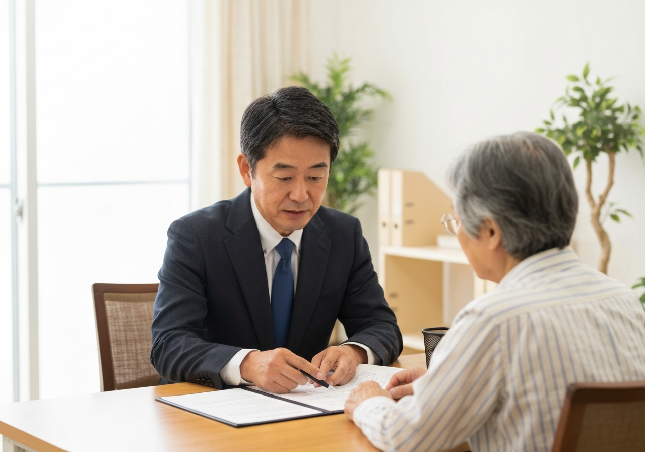 司法書士が相談者に寄り添い、相続登記の正当な理由について説明している様子。
